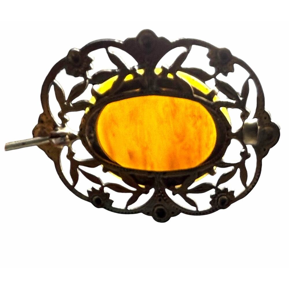 Vintage Amber Cabochon Brooch Filigree Bronze Tone Victorian Revival - Picture 11 of 12